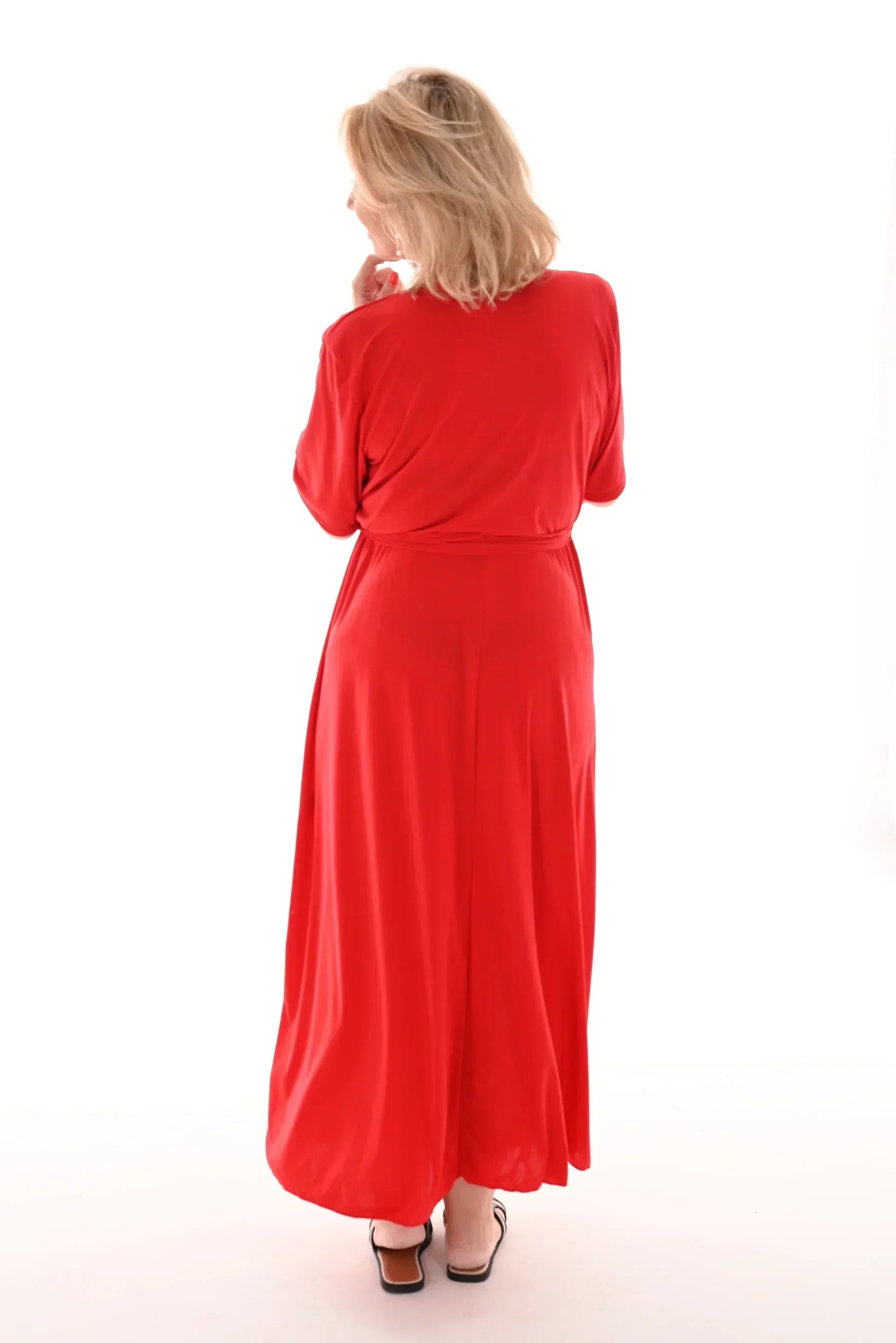 Wrap V-Neck Short Sleeve Self-Tie Belt Flowy A-Line Maxi Dress