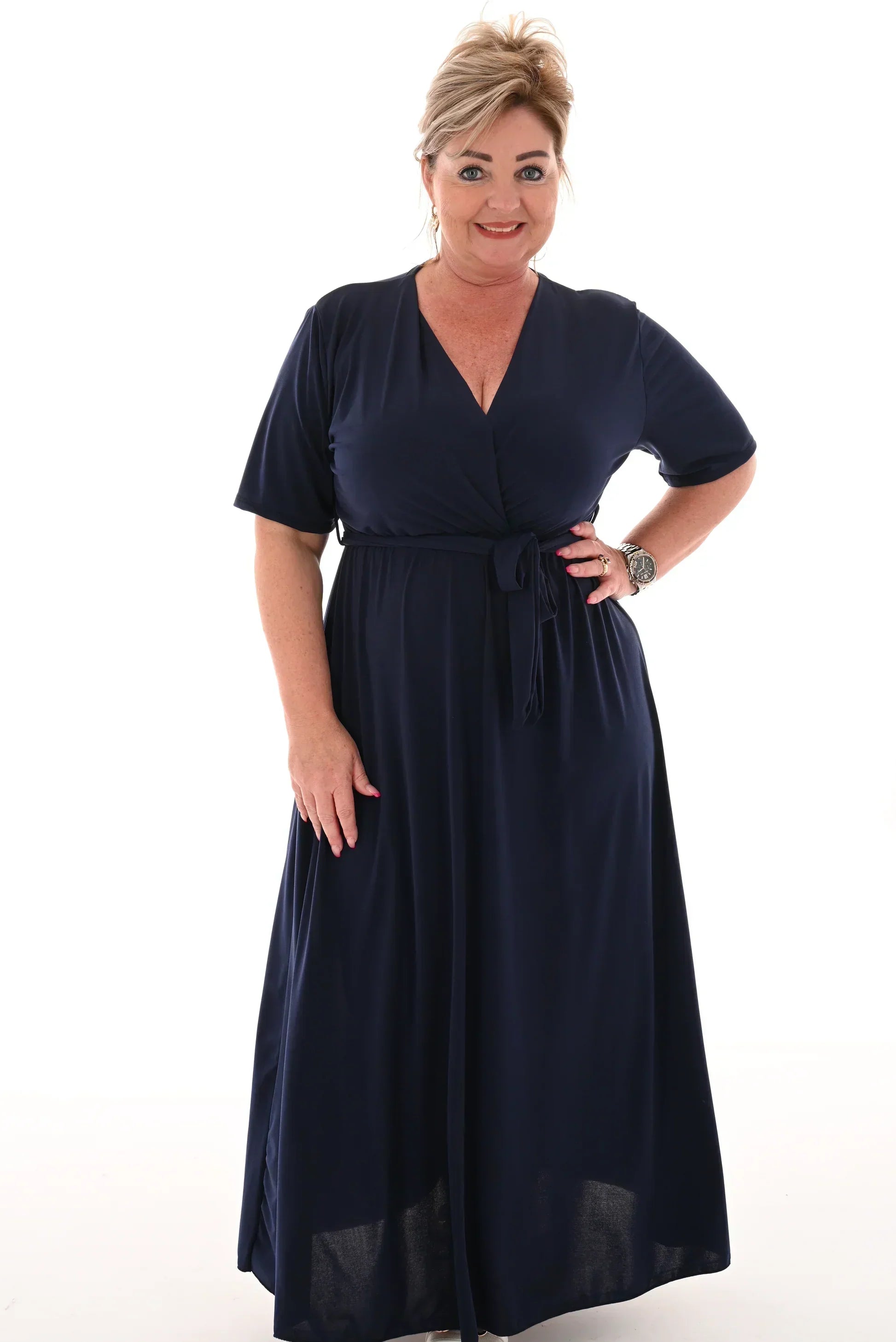 Wrap V-Neck Short Sleeve Self-Tie Belt Flowy A-Line Maxi Dress