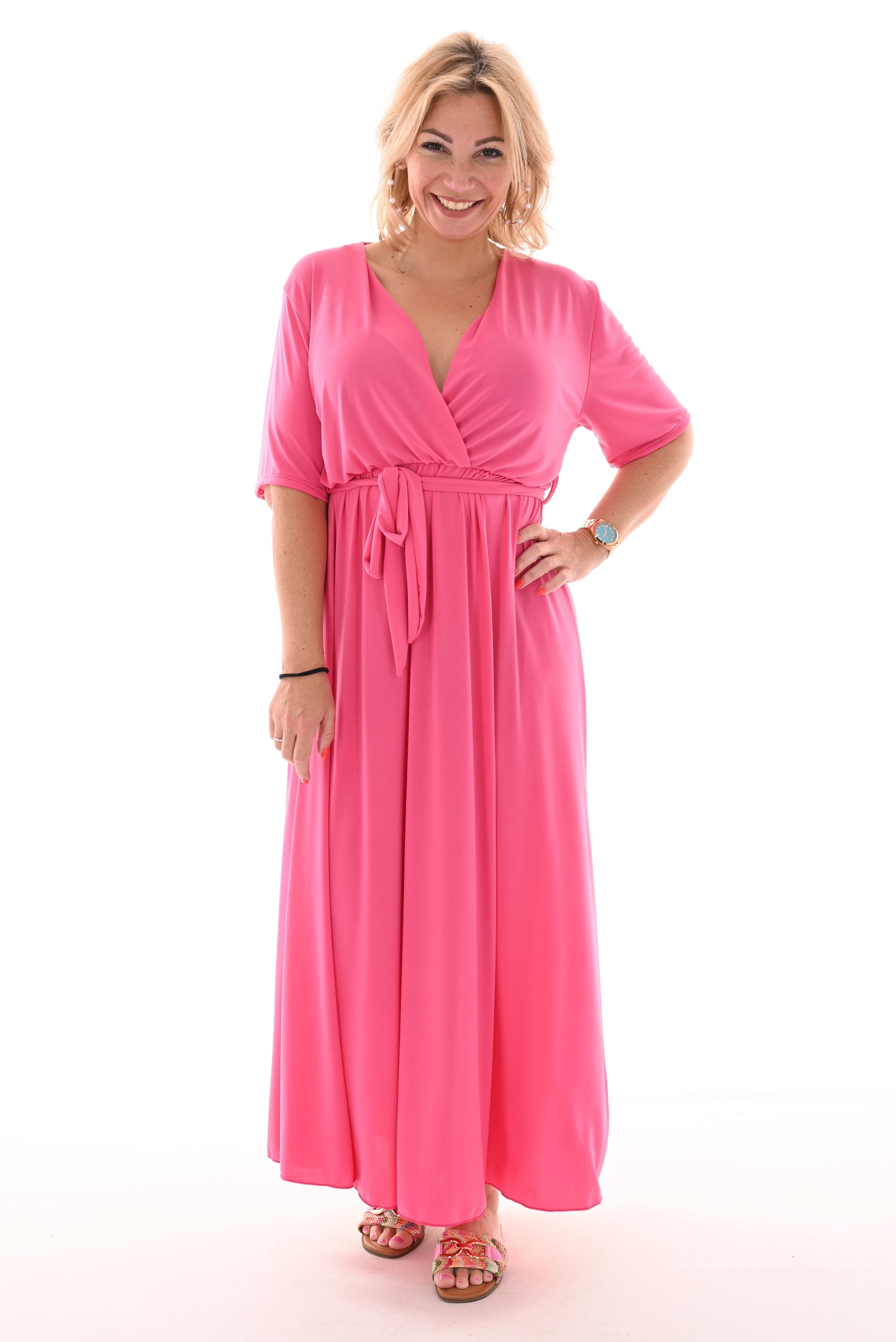 Wrap V-Neck Short Sleeve Self-Tie Belt Flowy A-Line Maxi Dress