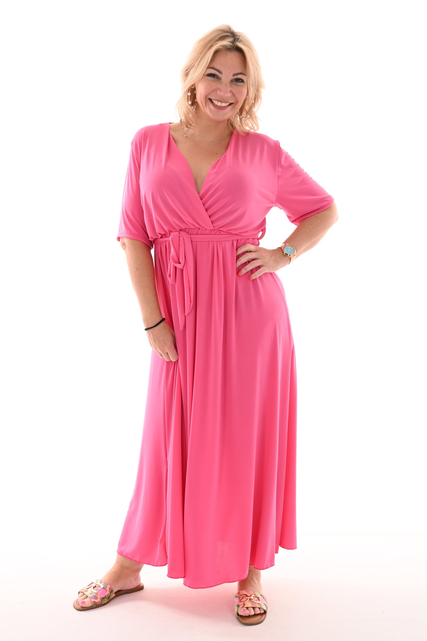 Wrap V-Neck Short Sleeve Self-Tie Belt Flowy A-Line Maxi Dress