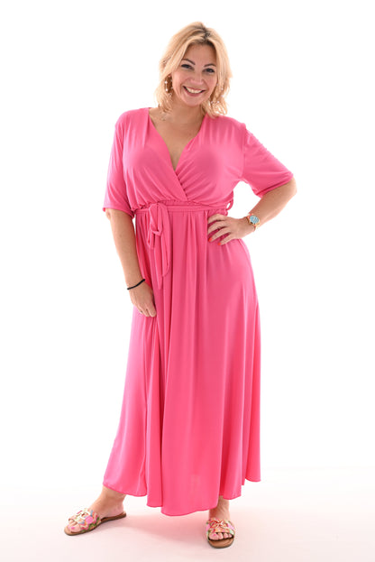 Wrap V-Neck Short Sleeve Self-Tie Belt Flowy A-Line Maxi Dress