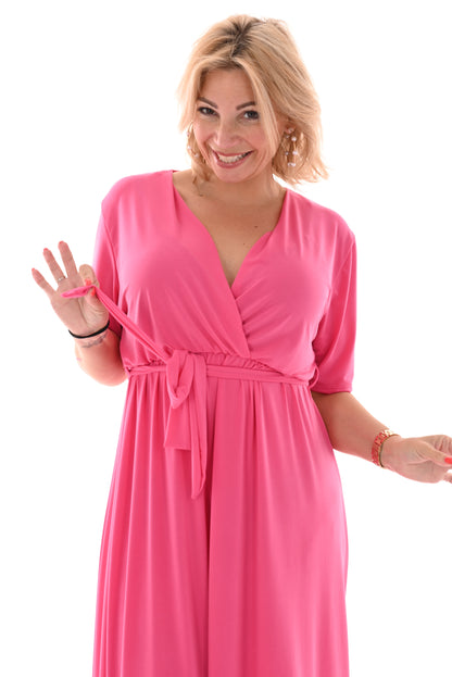 Wrap V-Neck Short Sleeve Self-Tie Belt Flowy A-Line Maxi Dress