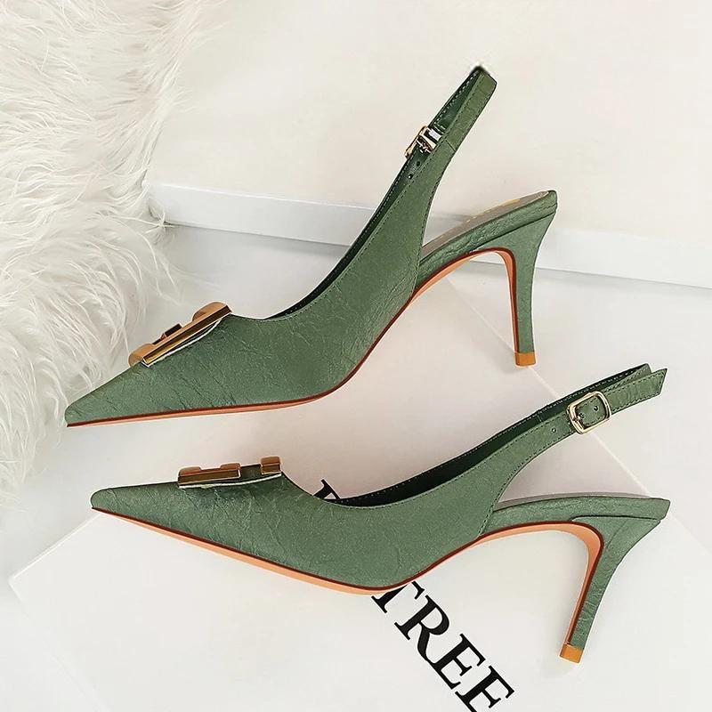 Metal Square Buckle High Heel Stiletto Pumps for Women, Pointed Toe Sexy Party Shoes