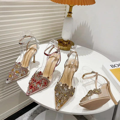 Transparent PVC Women Pumps with Sexy String Bead Crystal High Heels