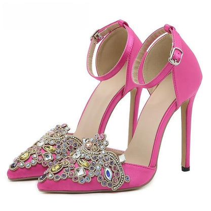 Crystal Satin Ankle Strap Pointed Toe Bridal Stiletto Heels for Women