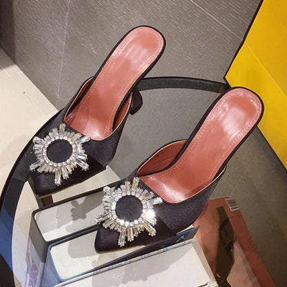 Red Silk Satin Pointed Toe Pumps with Rhinestone Crystal Wedding Slip On Strange Style Heel