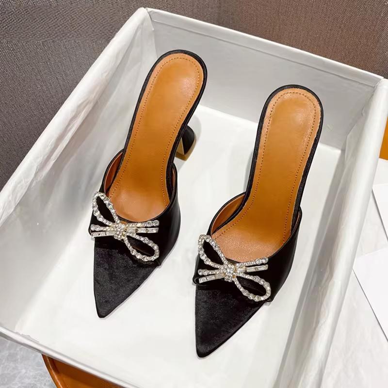 Butterfly-knot Crystal Thick Heel Slippers