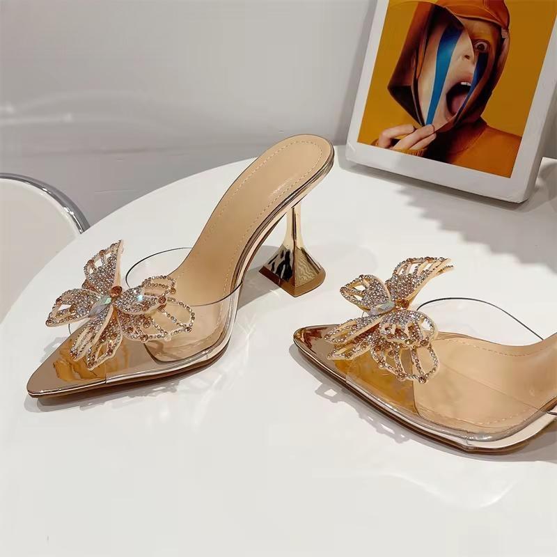 Crystal Bowknot Women Slippers with Sexy Pointed Toe and Strange Heels