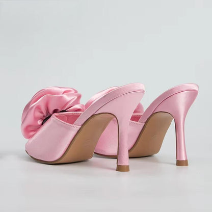 Silk Flower Peep Toe High Heel Slipper Mule Slides for Women