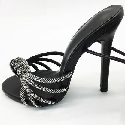 Crystal Peep Toe Ankle Strap Sandals with Thin Heels for Women's Party or Stripping