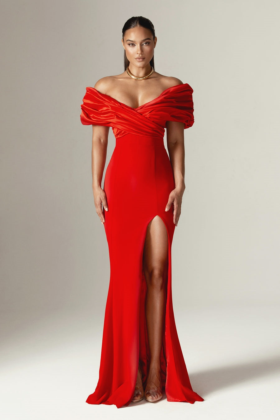 Off Shoulder Satin Ruffle Tiered Bodice High Slit Column Maxi Dress