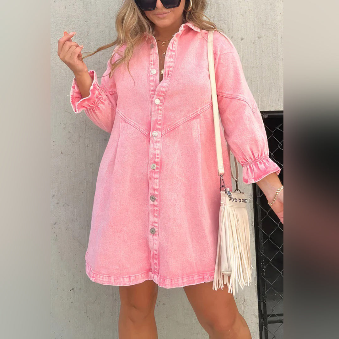 Denim Button-Down Ruffle Cuff Raw Hem Shirt Mini Dress