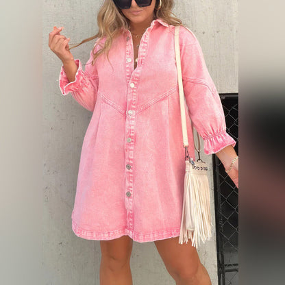 Denim Button-Down Ruffle Cuff Raw Hem Shirt Mini Dress