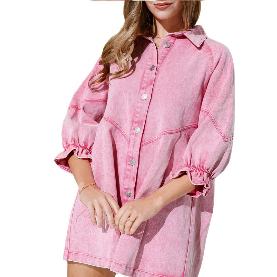 Denim Button-Down Ruffle Cuff Raw Hem Shirt Mini Dress