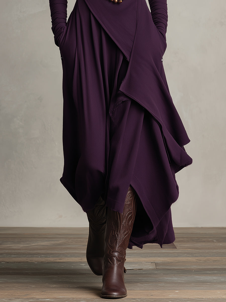 Turtleneck Wrap Front Draped Asymmetrical Hem Knit Pocket Maxi Dress