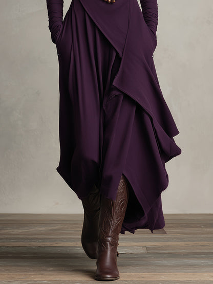 Turtleneck Wrap Front Draped Asymmetrical Hem Knit Pocket Maxi Dress