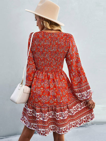 Boho Dress V-Neck Lantern Sleeves Floral Beach Mini Dresses