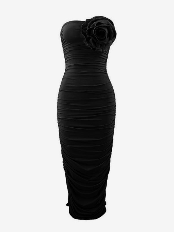 Bodycon Dress Off The Shoulder Pleated 3D Flower Dating Midi Dress