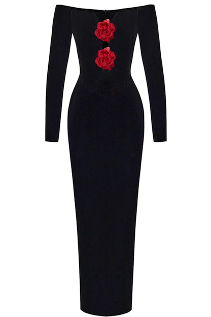 3D Flower Velvet Off-Shoulder Midi Dress