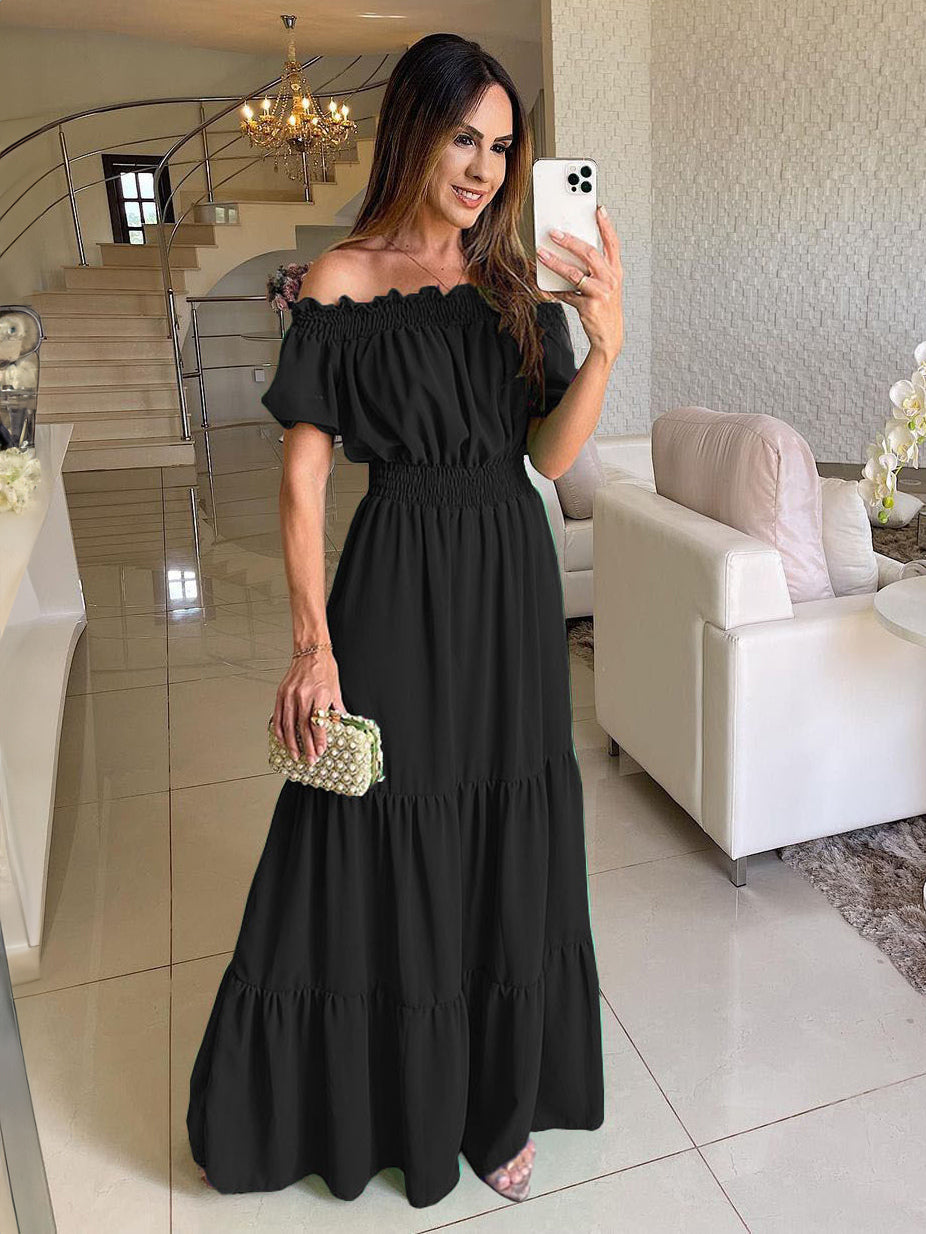 Off Shoulder Smocked Maxi Dress For Women - Boho Tiered A-Line Beach Gown with Puffy Sleeves - Summer Vacation 2026