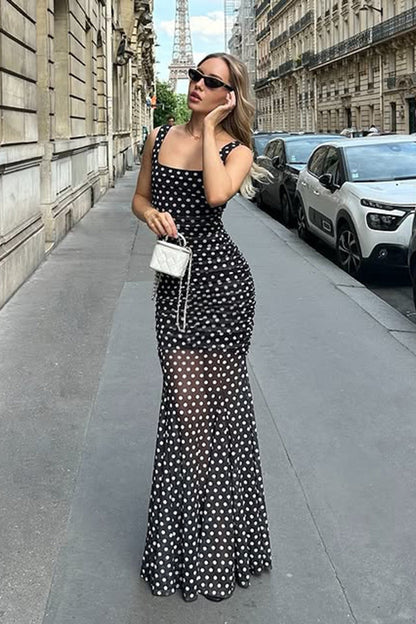 Polka Dot Square Neck Ruched Trumpet Hem Sheer Skirt Bodycon Maxi Dress