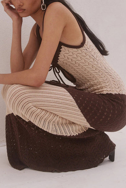Fashionable Color-blocked Openwork Knit Slim-fit Maxi Dress