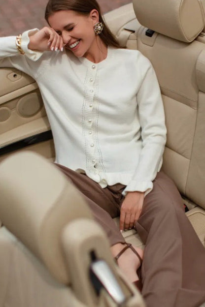 Crew Neck Layered Trim Long Sleeve Casual Knit Cardigan