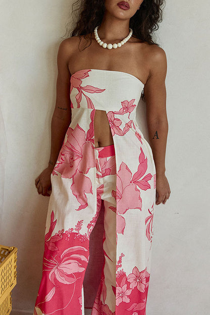 Flora Sunset Linen Blend Printed Front Slit Strapless Midi Top and High Rise Pocket Loose Pants Set