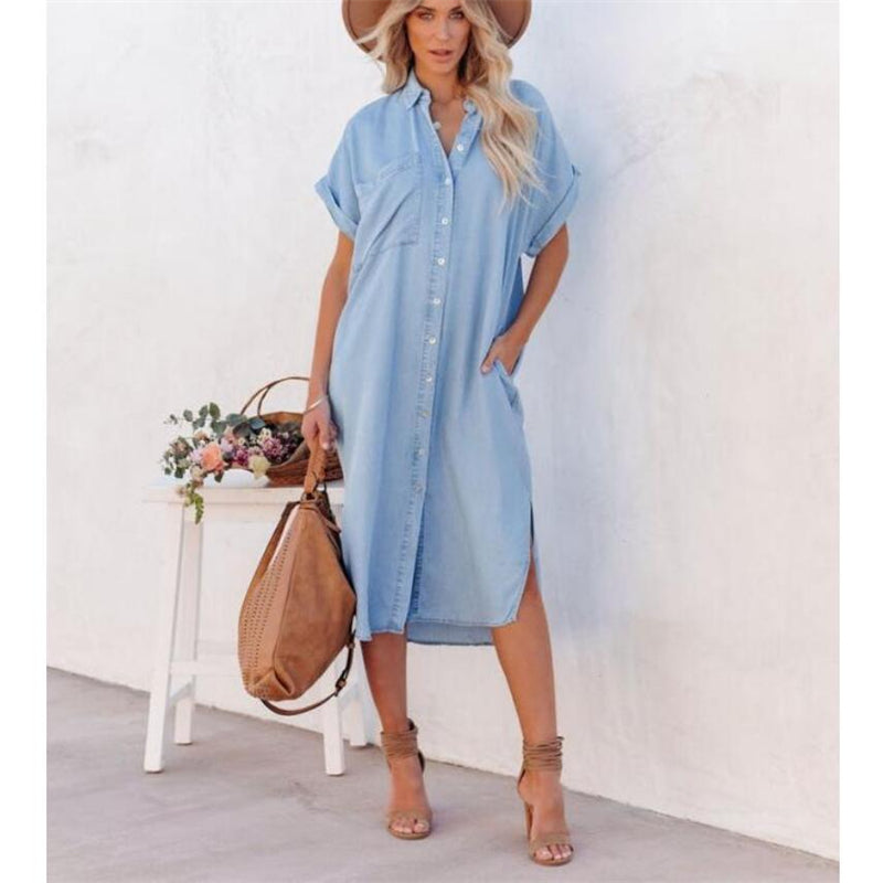 Denim Short Sleeve Maxi Dress in Blue for Stylish Comfort