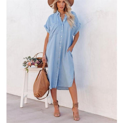 Denim Short Sleeve Maxi Dress in Blue for Stylish Comfort