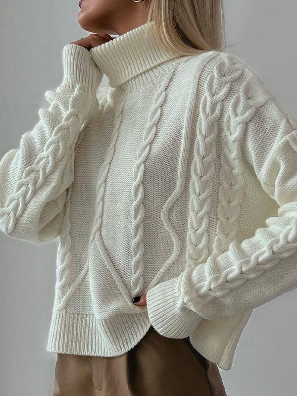Solid Cable Knit High Neck Sweater