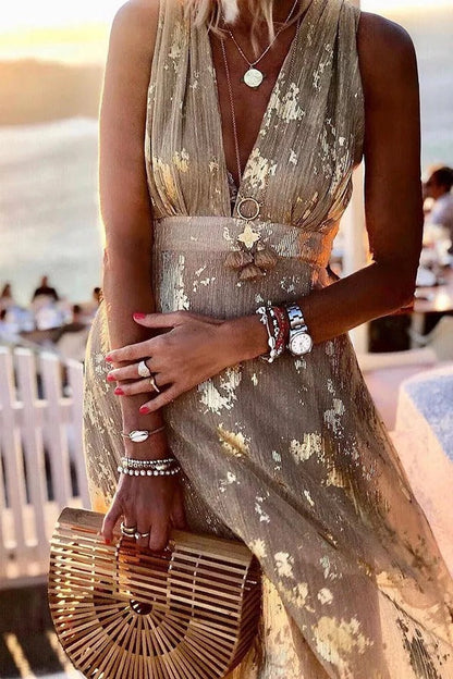 Distressed Metallic Foil Print Deep V-Neck Empire Waist Sleeveless Maxi Dress