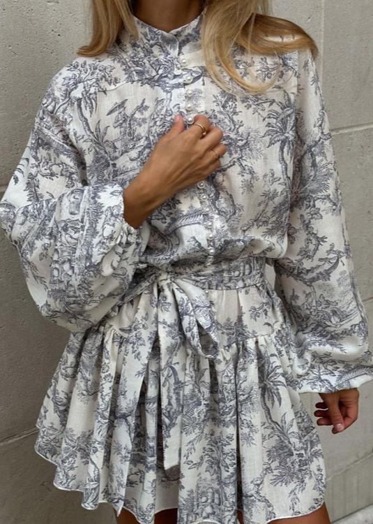 Toile Print Mandarin Collar Puff Sleeve Tie Waist A-Line Mini Dress