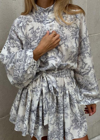 Toile Print Mandarin Collar Puff Sleeve Tie Waist A-Line Mini Dress