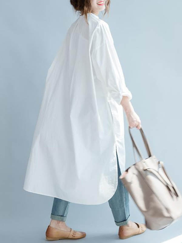 High-Low Long Sleeves Buttoned Solid Color Split-Side Lapel Midi Dresses Shirt Dress