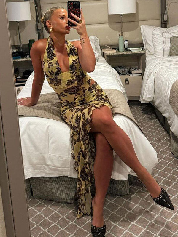 Floral Dress Mini Dresses Dresses Floral Print Strapless Irregular Pleated V-Neck Sleeveless Backless No Open Seam Chic Summer Short