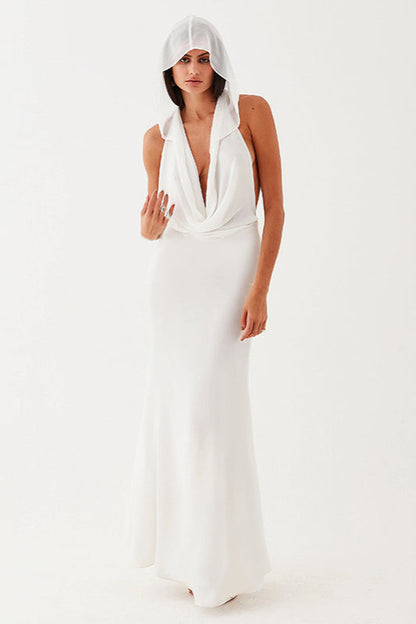 Hooded Deep Cowl Neck Sleeveless Backless Maxi Dress