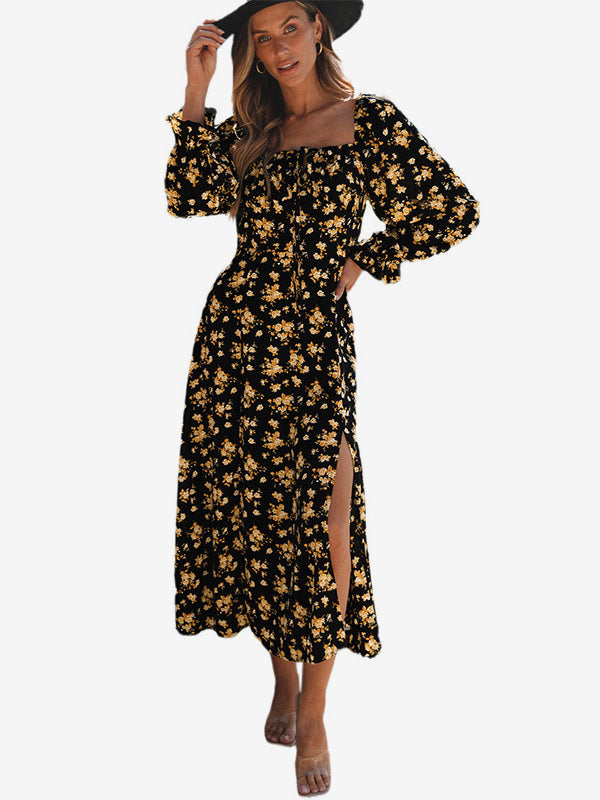 Floral Dress Square Neck Ruffles Sleeves High-Slit Midi Dresses
