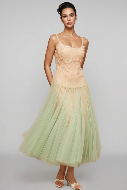 Ylane Halter Mesh Puff Maxi Dress