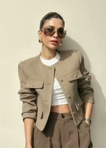 TailoRed Tweed Cropped Jacket â_?Classic Elegance with Gold Button Accents
