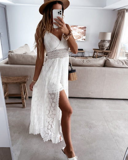Floral Eyelet Lace Smocked Spaghetti Strap Scalloped Hem Maxi Dress
