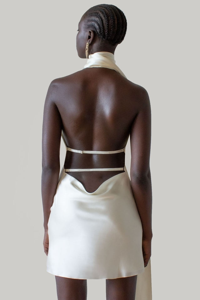 Halter Cowl Back Cross Strap Satin Mini Dress