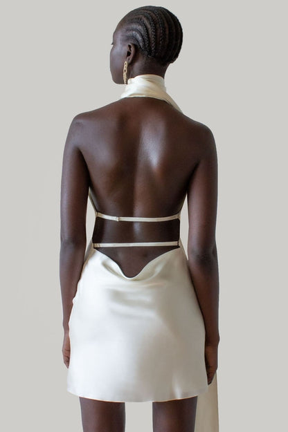 Halter Cowl Back Cross Strap Satin Mini Dress