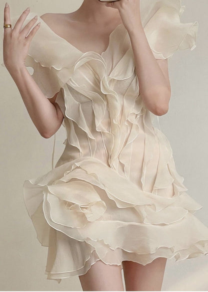 Deep V Neck Tiered Organza Ruffle Overlay Fit and Flare Mini Dress