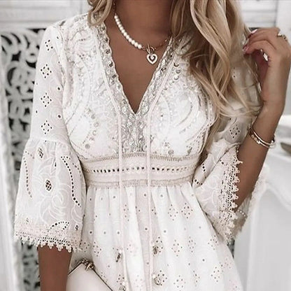 Eyelet Lace Tassel Tie Scalloped Trim Tiered Ruffle Mini Dress