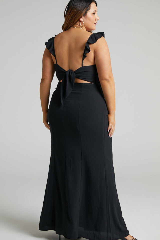 Deep V Neck Ruffle Strap Princess Seam High Slit Maxi Dress