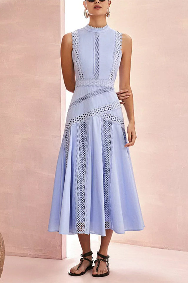 Mock Neck Crochet Lace Trim Eyelet Panel Pleated Fit and Flare Midi Dress