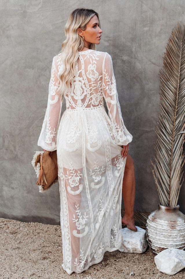 Deep V Neck Floral Lace Embroidered Long Sleeve Side Slit Maxi Dress