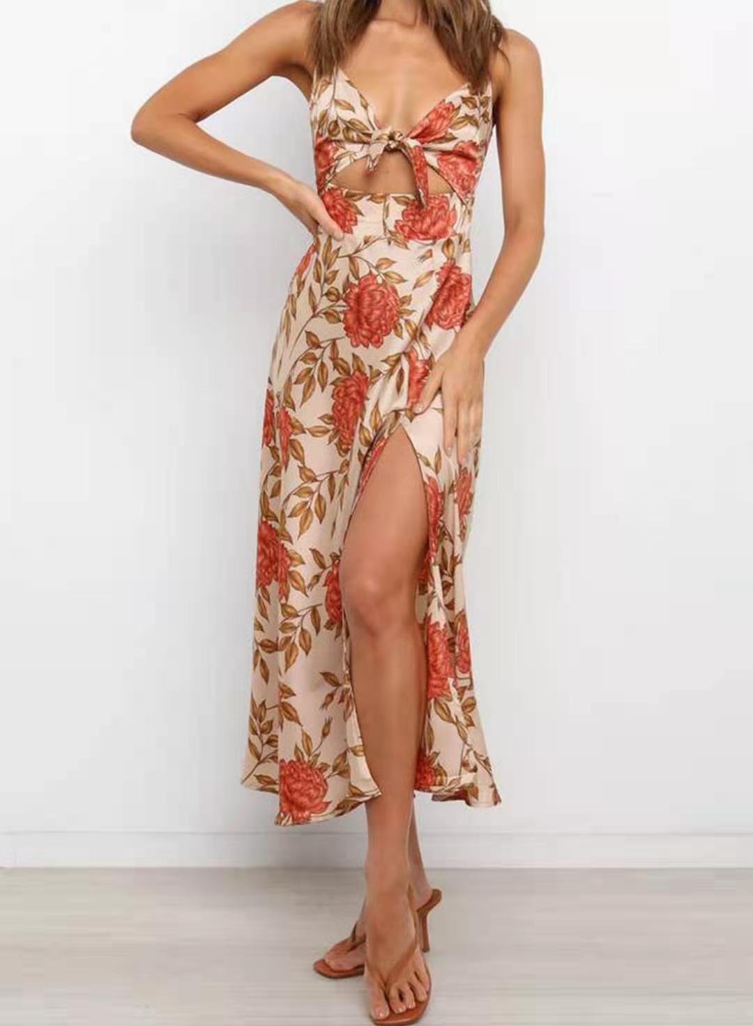Floral Print Spaghetti Strap Tie-Front Knot High Slit Midi Dress
