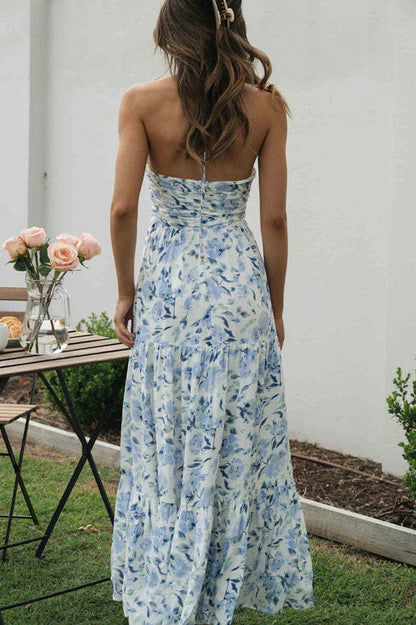 Halter V-Neck Ruched Empire Waist Tiered Floral Print Maxi Dress